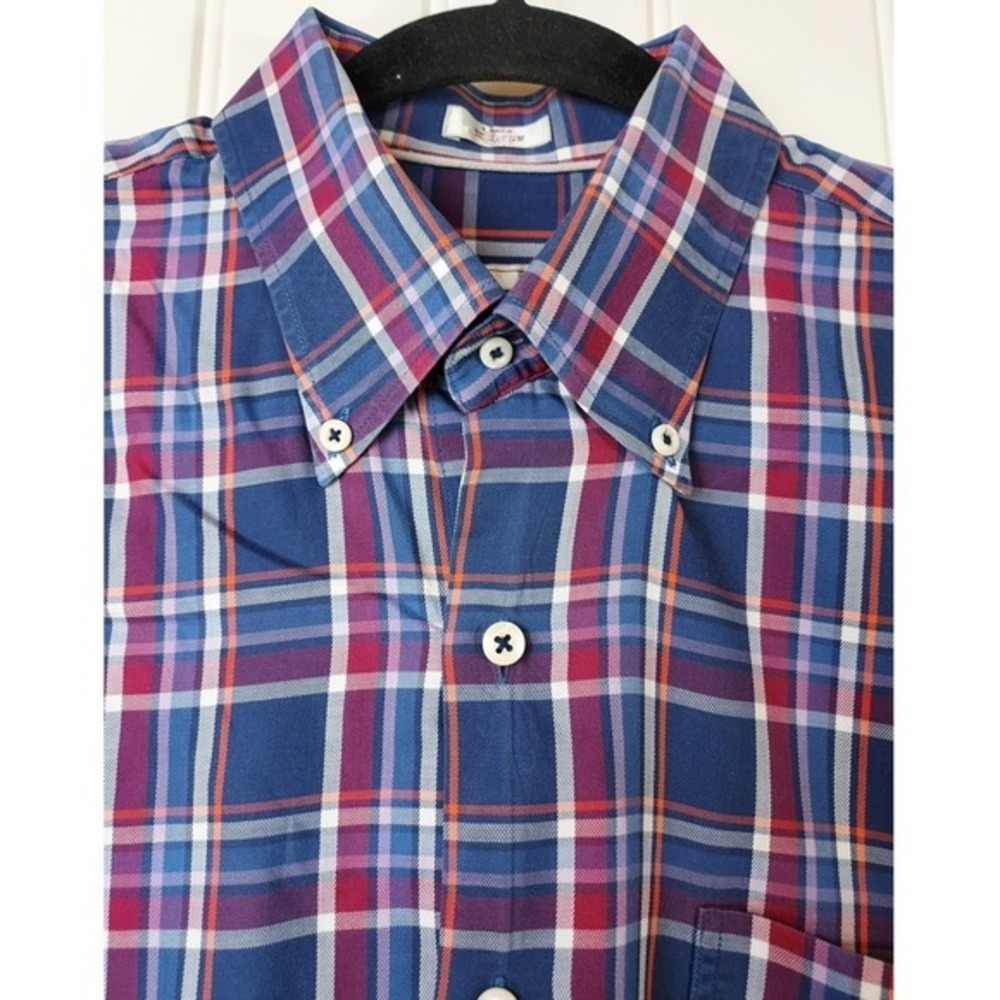 Peter Millar Mens Large Blue Plaid Button Down Long Sleeve Cotton Shirt